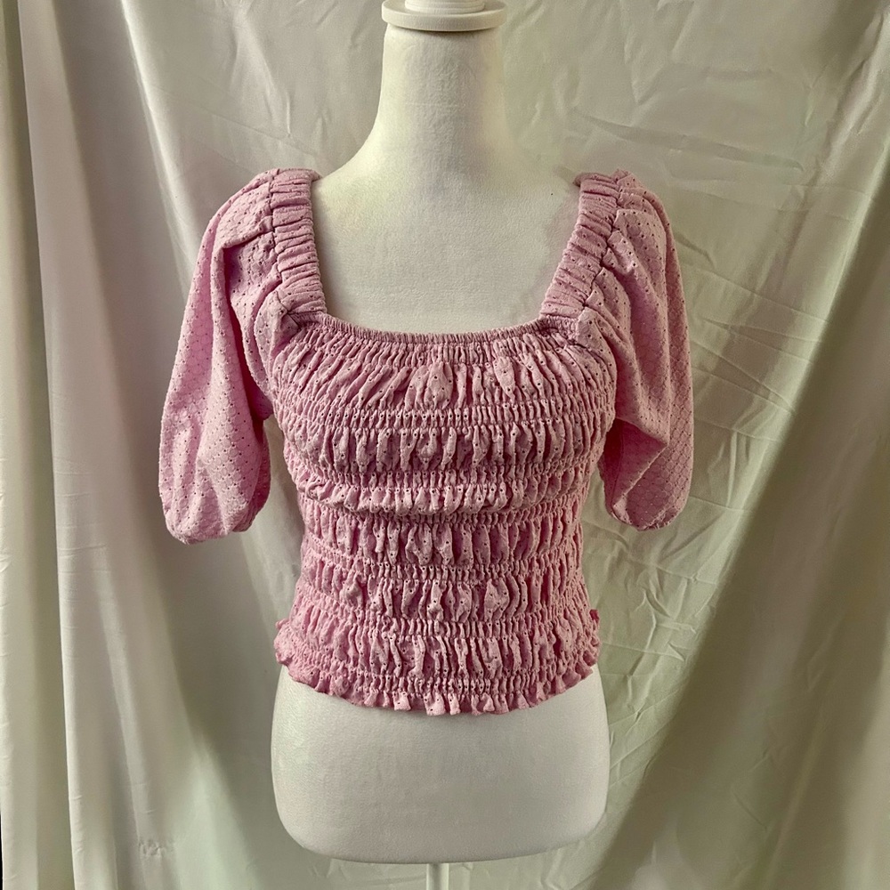 Steve Madden Smocked Puff-Sleeve Square Neck Top - Pink